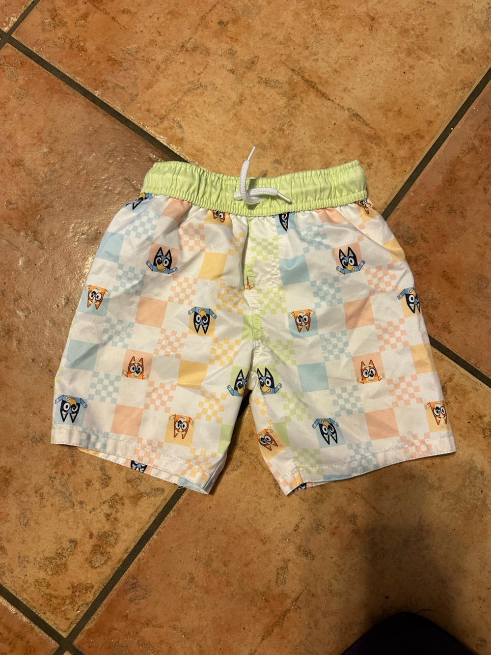 Kids Pastel Check Swim Trunks with Cartoon Faces - Light Green Waistband